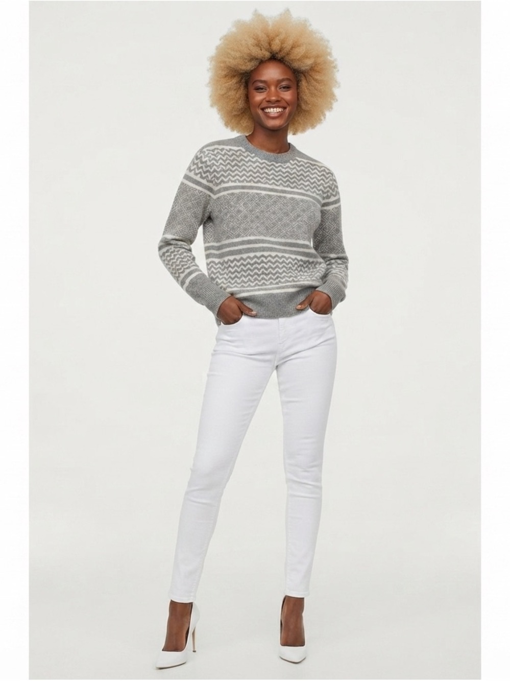 H&M Gray And White Nordic Crew Neck Sweater